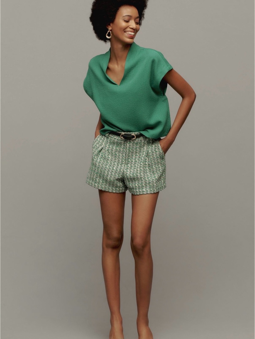 Anthropologie Green Textured V-Neck Top